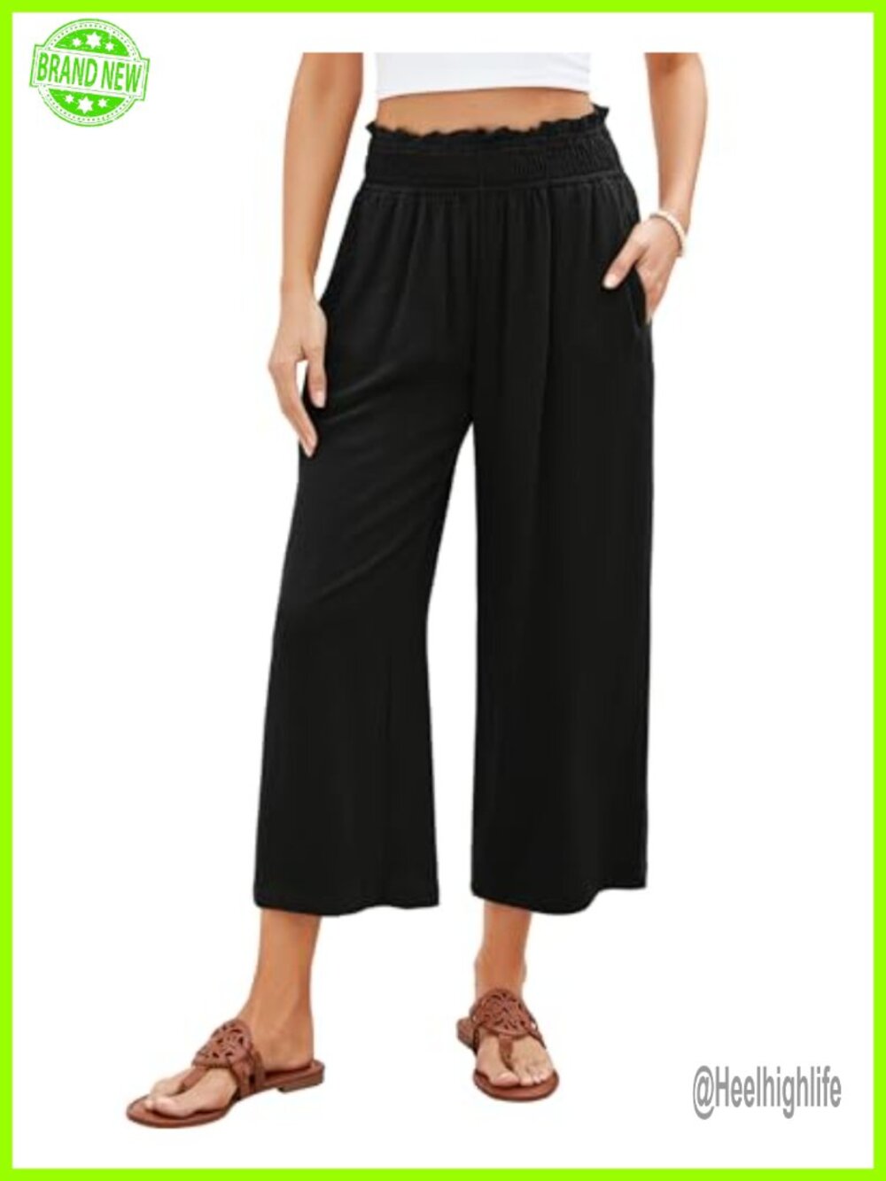 High Waisted Wide Leg Linen Capri Palazzo Pants Pull On Elastic Waist Loose